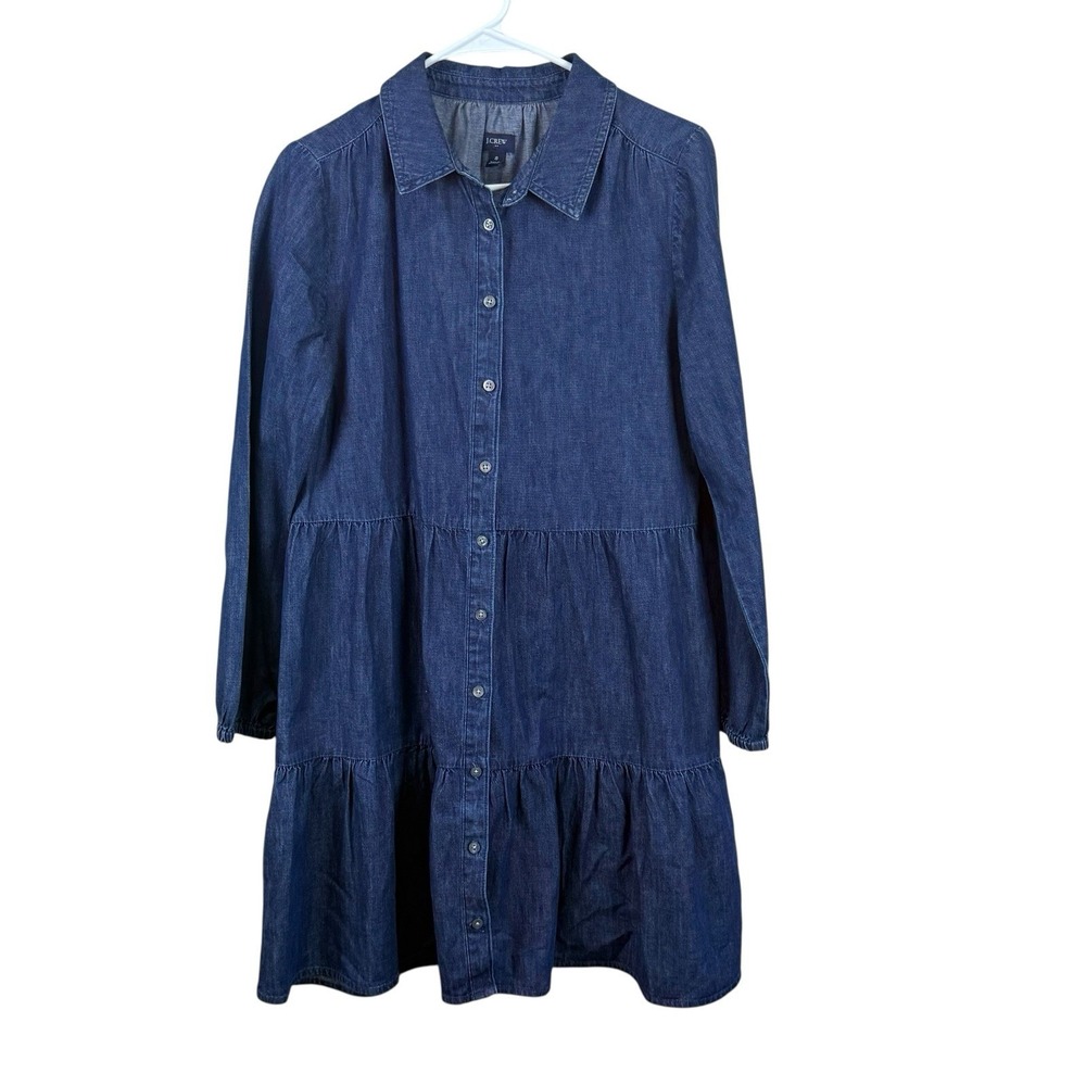 J.CREW Womens Chambray Denim Dress‎ Jean Ruffle Long Sleeve Size 8 Dark Wash
